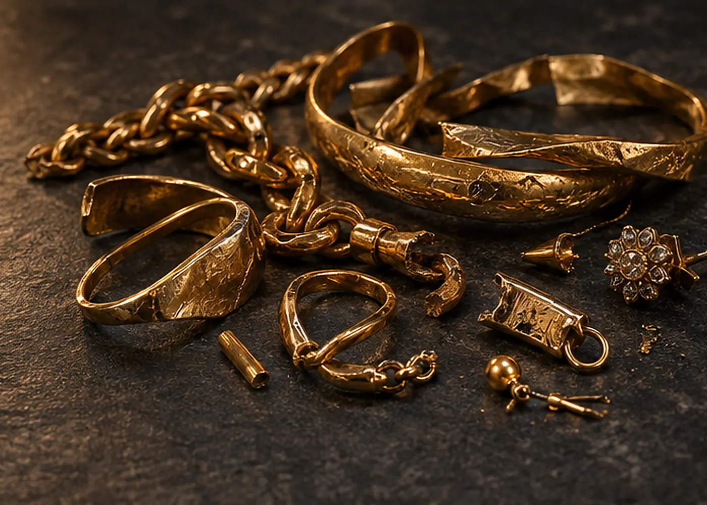 Snapped gold chains, single earrings and bent bangles on dark stone