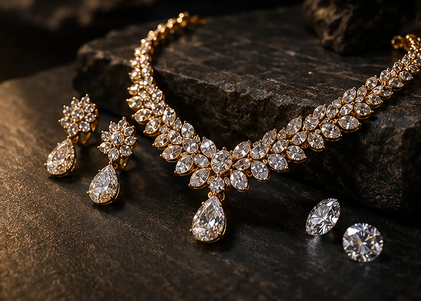 Diamond-set gold necklace and earrings with loose diamonds on dark stone