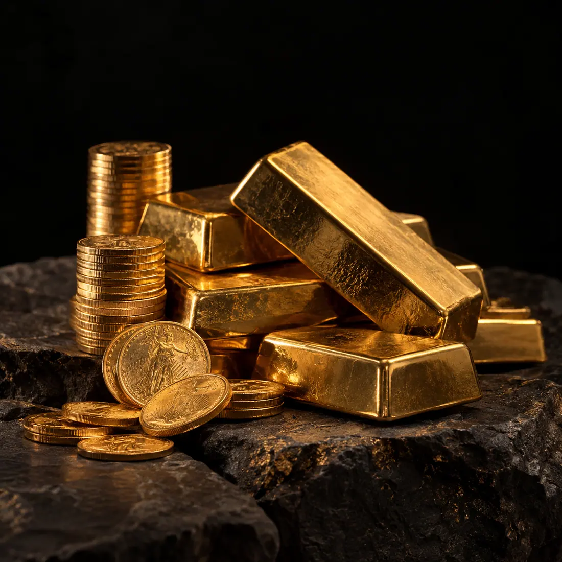Gold coins and gold bars stacked on dark stone