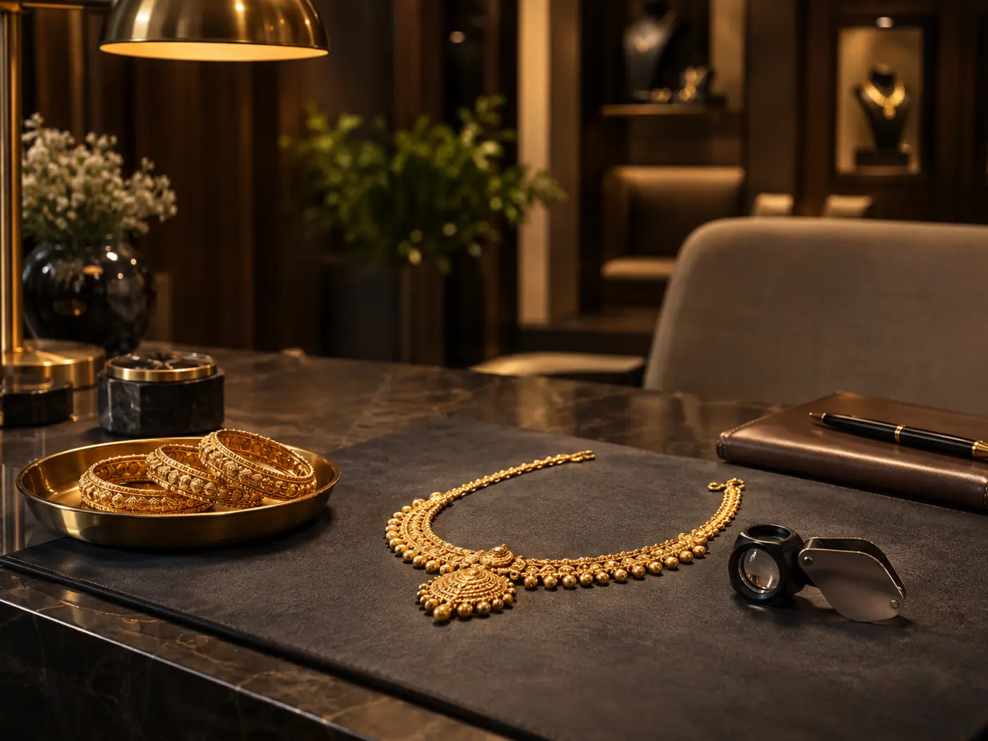 A gold necklace, jeweller's loupe and tray of bangles on a valuation desk