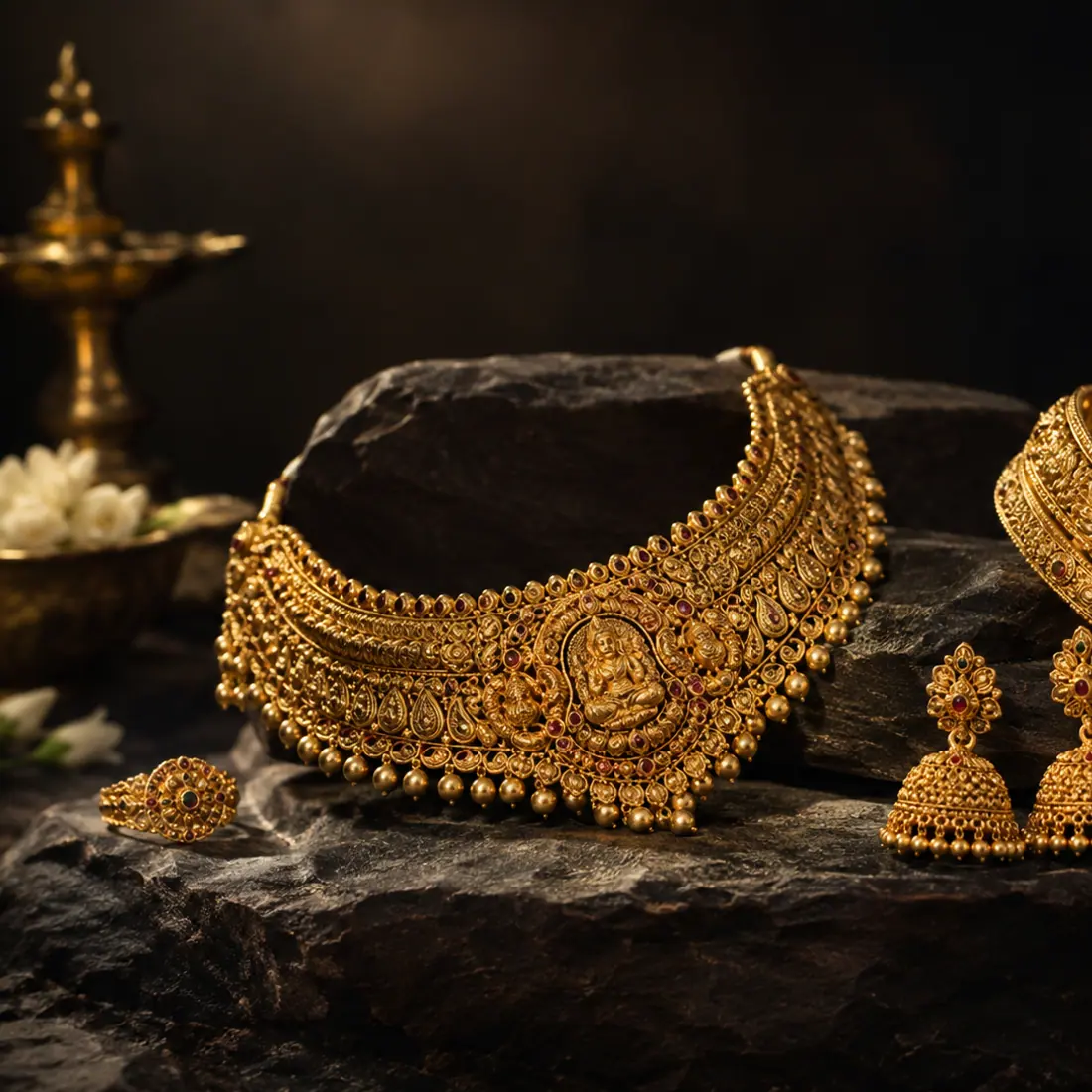 Detail of intricate Indian gold jewellery on a dark background