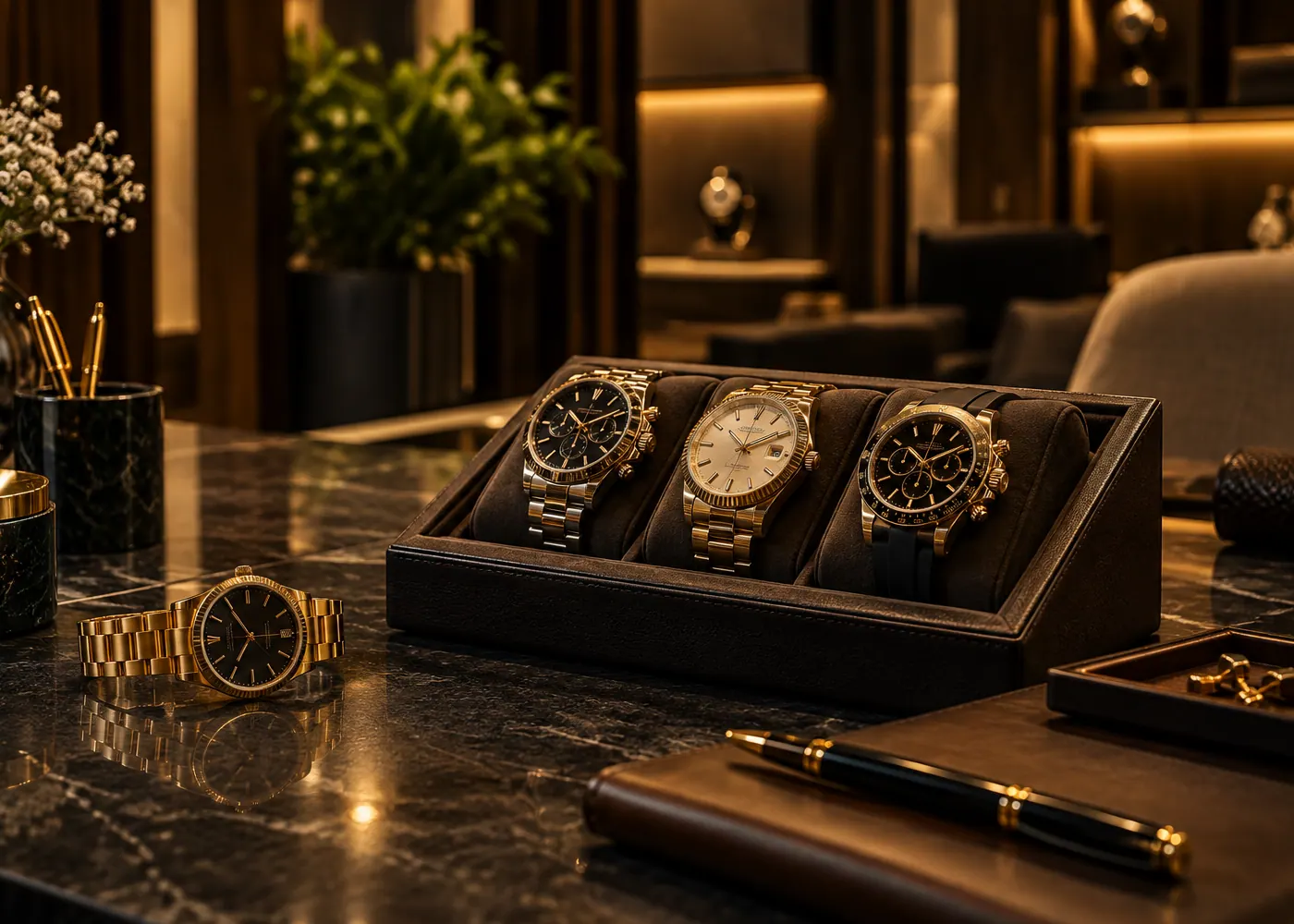 Gold wristwatches displayed in a leather watch case on dark marble