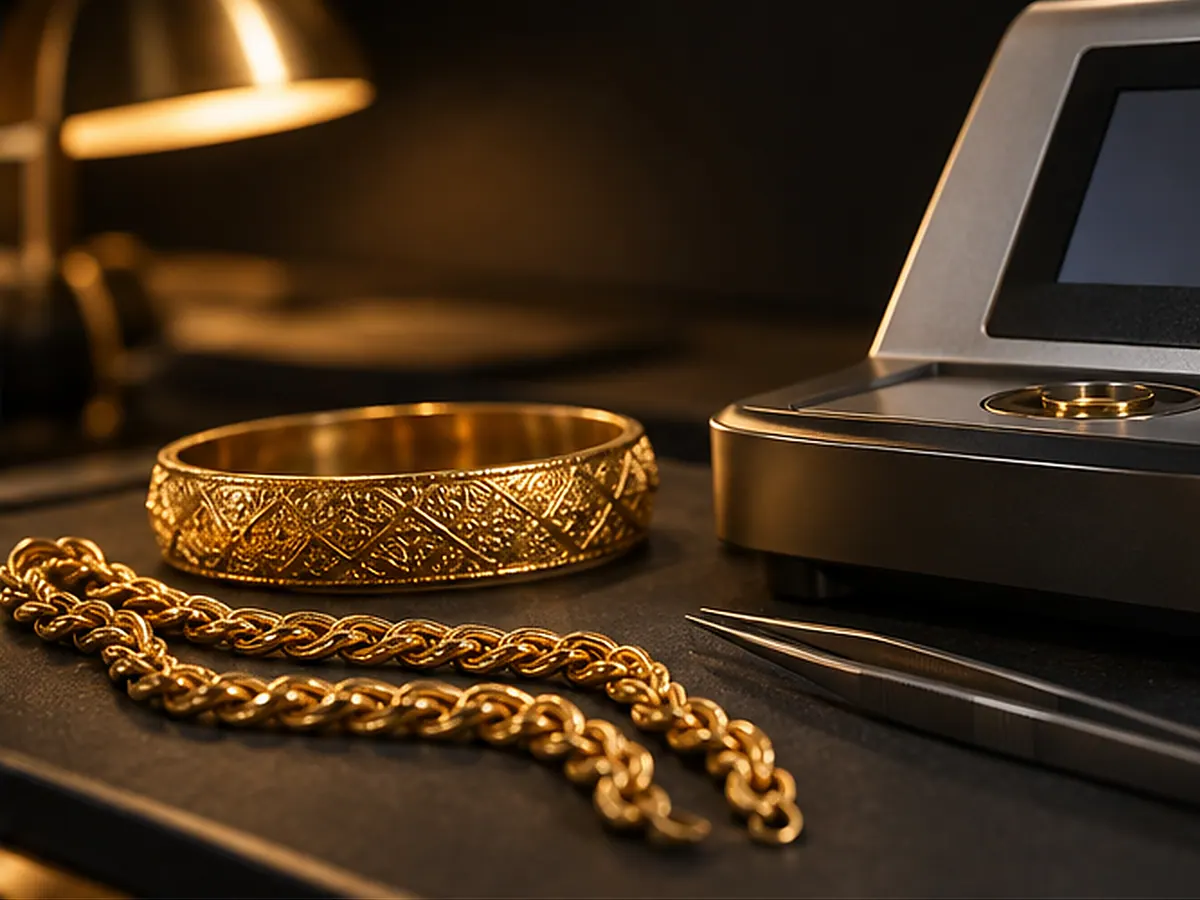 Gold jewellery being checked with professional electronic purity testing equipment